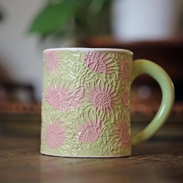 Vintage GR Embossed handmade flower pottery mug 