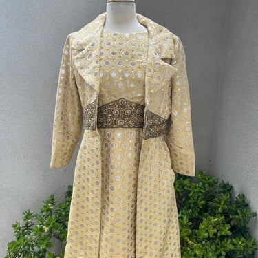 Vintage 60s dress coat set yellow silver silk brocade heavy waist beading Small by Originals Bernetti 