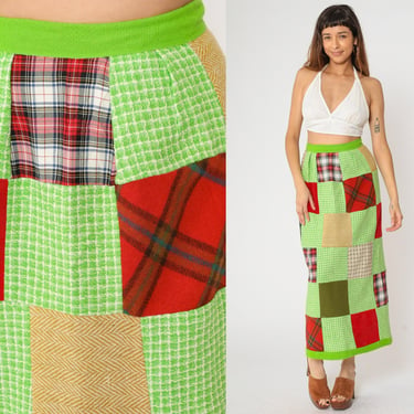 Vintage Patchwork Skirt 60s 70s Plaid Maxi Skirt Lime Green Checkered Long Boho Hippie Skirt Festival 1970s Small 