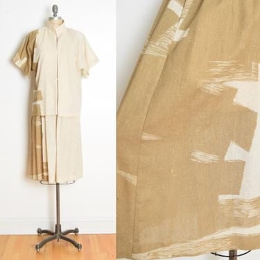 vintage 80s dress jacket cream brown brush stroke print matched set outfit M clothing 