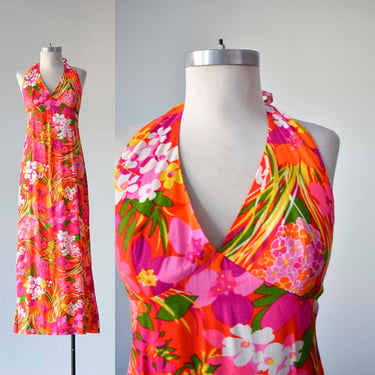 Vintage Hawaiian Halter Dress / 1970s Hawaiian Maxi Dress / Vintage Summer Dress / Pink and Orange Floral Halter Dress / Tiki Party Dress 