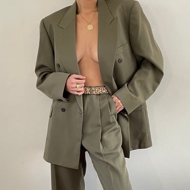 90s Oscar de la Renta wool pant suit / vintage olive wool oversized boyfriend menswear double breasted blazer + pleated baggy pant suit | L 