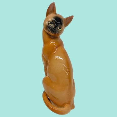 Vintage Siamese Cat Statue Retro 1960s Mid Century Modern + Ceramic + Brown + Yellow Eyes + Tabby + Figurine + Japan Home Decor + Decoration 