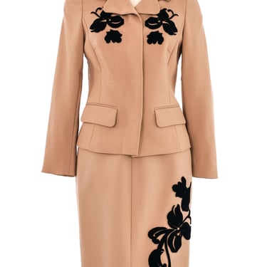 Escada Camel Velvet Applique Skirt Suit