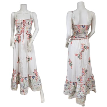 Jody T 1970s White Cotton Asian Print Tube Top Maxi Dress I Sz Sm I Lace Up I Ruffled Hem 