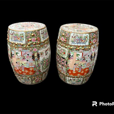 Beautiful pair of vintage famille rose chinese garden stools 