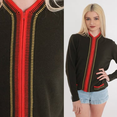 Olive Green Cardigan 80s Wool Knit Zip Up Sweater Top Red Striped Preppy Jumper Earth Tone Fall Neutral Knitwear Cozy Vintage 1980s Small S 