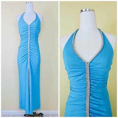 Y2K Betsy & Adam Ruched Turquoise Maxi Gown / Vintage Blue Rhinestine Halter Front Slit Prom Dress / Small 