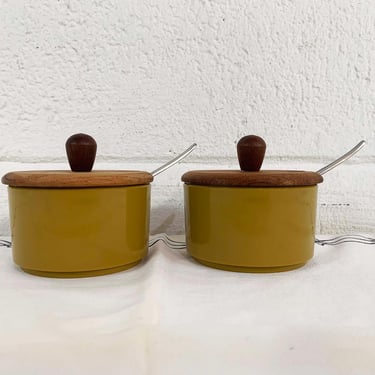 Vintage Condiment Set Luthje Danish Teak Wood Sugar Bowl Plastic Spoons Mid Century MCM Mad Men Coffee Tea Avocado Green Jam 1950s 