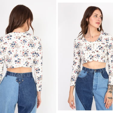 Vintage 1990s 90s White Ribbed Floral Cotton Button Up Long Sleeve Crop Top w/ Scooped Neckline // Rachel Green The Craft 