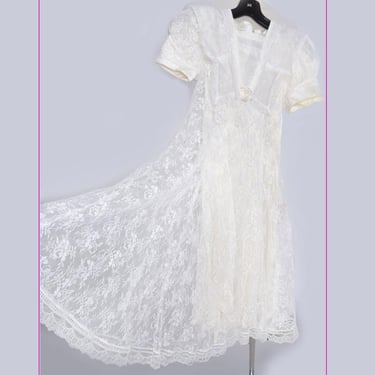 White Lace Jessica McClintock GIRLS Long Party Dress, Size 12 , Vintage, 1980's, Full Skirt, Wedding Bridal Prom 