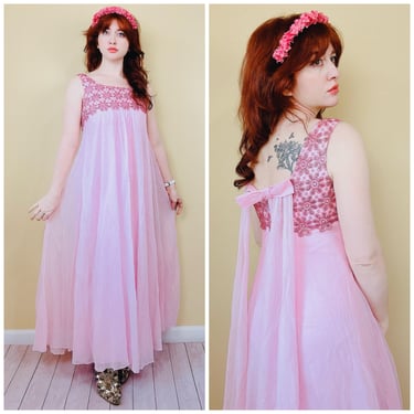 1960s Vintage Pink Chiffon Babydoll Dress / 60s Metallic Embroidered Lace Empire Waist Maxi Gown / Size Medium 