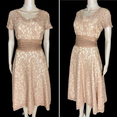 Vintage 1950's Cappuccino Floral Lace Silk Chiffon Nude Illusion Fit N Flare Cocktail Dress by A Norman Original - size Medium 