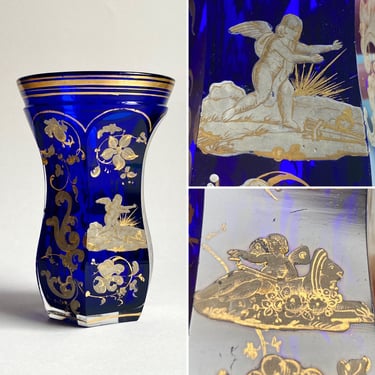Fine Antique Biedermeier Cobalt Glass Beaker w/ Gilt Oyster Colored Enamel 1840s 