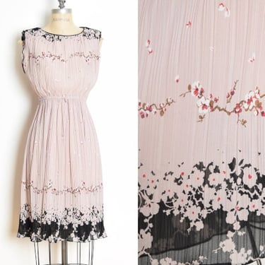 vintage 70s dress mauve Asian cherry blossom print pleated sundress XS S hippie clothing 