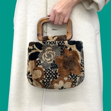 Vintage Top Handle Purse Retro 1970s Mid Century Modern + Teddy Plush +  Carpet + Faux Wood Handle + Floral Print + Brown + Tan + Black 