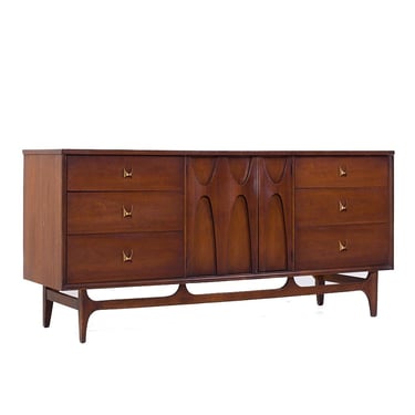 Broyhill Brasilia Mid Century Walnut and Brass 9 Drawer Lowboy Dresser - mcm 