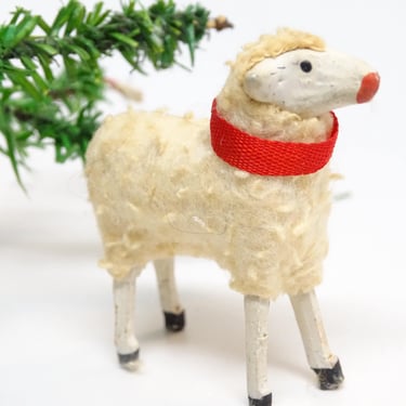 Antique 1930's German 2 Inch Wooly Sheep, for Putz or Christmas Nativity, Vintage Easter, Original GERMANY Collar 