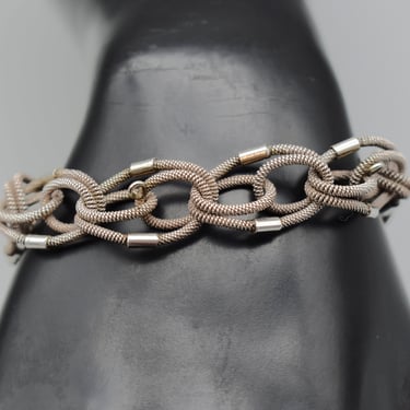 70's 800 silver gothic twisted links bracelet, complex textured silver ovals in ovals biker chain 