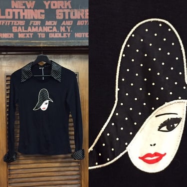 Vintage 1960’s Black Knit Lady Face Polka Dot Top, Glam Rock, 1960’s Vintage, Vintage Glam, Vintage Womenswear, Vintage Clothing 