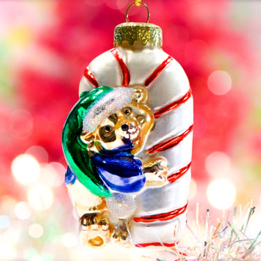 VINTAGE: Bear Hugging a Candy Cane Blown Glass Ornament - Thomas Pacconi Classics Museum Series - Replacement - SKU 28 29-B-00033719 