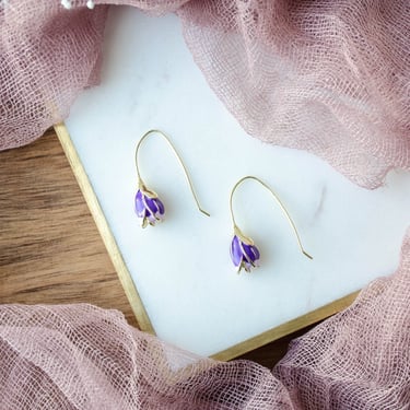 purple tulip earrings, dainty pink gold flower earrings, cute drop earrings, bohemian nature woodland gift for her, statement earrings 