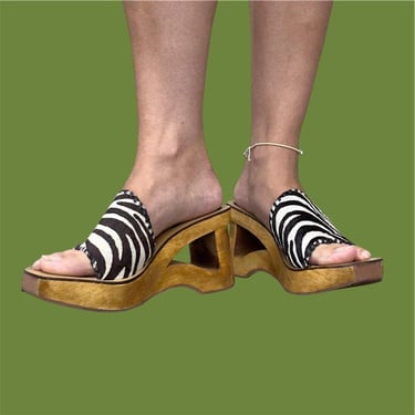 Vintage Platform Sandals Retro 1990s/2000s MIA + Size 10 + Y2K + Chunky + Wood + Zebra Print + Leather + Mule + Boho + Womens Footwear 