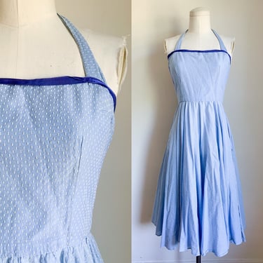 Vintage 1950s-60s Blue Swiss Dotted Halter Dress / XXXS 