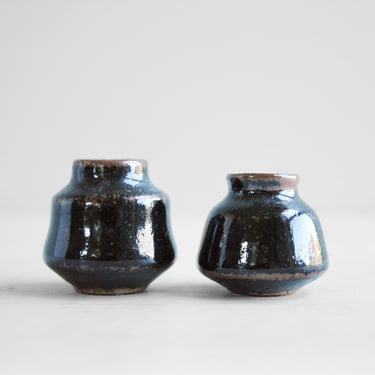 Vintage Pair Tiny Hand Thrown Ceramic Vases, Miniature Pottery Pot 