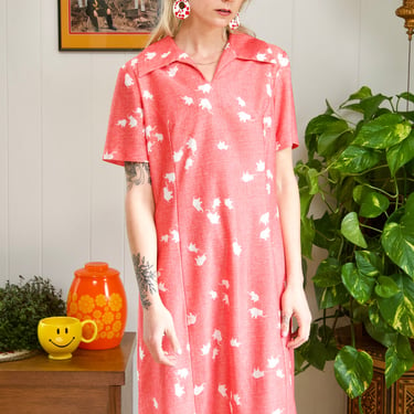 70s Novelty Dress Pink Elephant Midi Dress With Dagger Collar Vintage Coral Elephant Shift Dress With Belt Loops Size Medium/ Large 