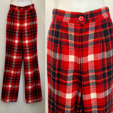 Vintage 70's Plaid Pants / PENDLETON KNOCKABOUTS Red Tartan Wool Slacks / High Waist + Straight Leg / XS 
