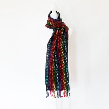 90s Rainbow and Charcoal Gray Grid Patterned Woven Fringe Scarf 