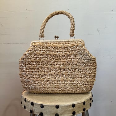 Vintage 1960s Woven Wicker Hand Bag, Purse, 1970s 