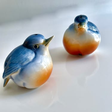 Vintage Grumpy Bluebird Salt and Pepper Shakers, Hand Painted, Porcelain China - Cottage or Nature Decor, Sweet, Blue and Orange 