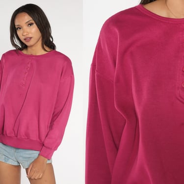 Fuchsia Pink Sweatshirt 90s Henley Sweatshirt Quarter Button Up Long Sleeve Shirt Plain Pullover Sweater Basic Top Vintage 1990s Large L 