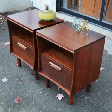 Hot Pair of Solid Afromosia Teak 1 Drawer & Cubby Bedside Tables for Imperial
