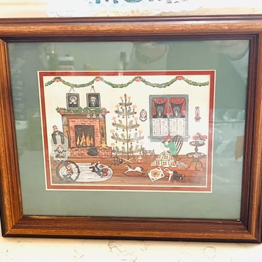 Vintage Betty Friess Baumer Primative Folk Art Print Framed Matted Christmas Home "Where's The Button" by LeChalet
