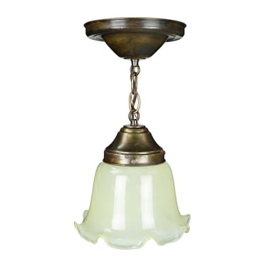 Antique Ruffled Pale Green Uranium Glass Shade Brass Chain Pendant Light