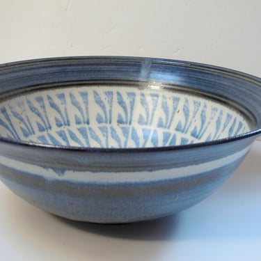 Vintage Blue Art Pottery Bowl HUGE Signed Studio Pottery Serving Bowl Large Handmade Ceramic Bowl Blue Glaze Mid Century XL Bowl 