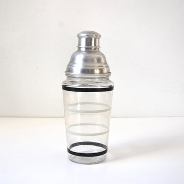 Large Vintage Glass Cocktail Shaker with Black and Gray Banded Stripes by Hocking Glass, 1930s 