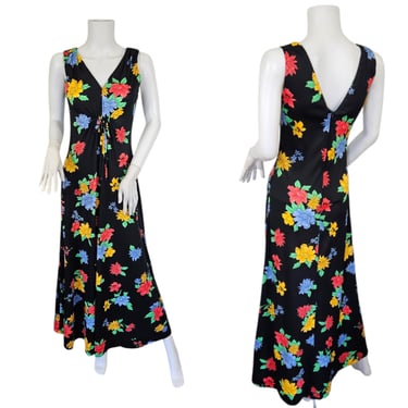 1970s RK Originals Black Floral Print Sleevless Maxi Dress I Sz Sm 