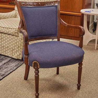 Mahogany  Arm Chair with Carving in Navy Blue Upholstery with Nailhead Trim
