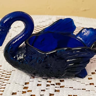 Vintage Cobalt Blue Glass Minatare Swans Open  Salt Cellar-Mossy Glass 