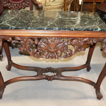 Fine Carved Walnut Verdi Green Marble Top Console Table with Stretcher Base