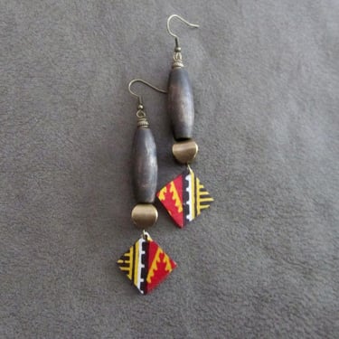 African print earrings, long Ankara earrings, wood earrings, bold statement earrings, Afrocentric batik earrings, patterned fabric earrings 