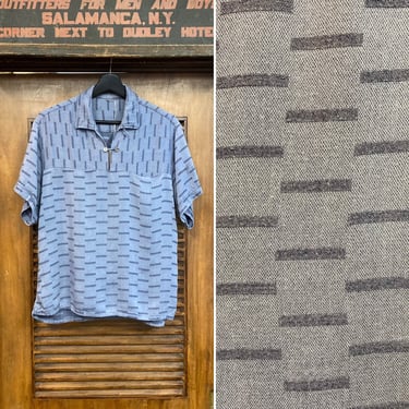 Vintage 1950’s Atomic Pattern Rayon Blend Elvis Pullover Rockabilly Loop Collar Shirt, 50’s Geometric Pattern, Vintage Clothing 
