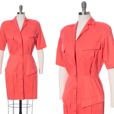 Vintage 1980s Shirt Dress | 80s THIERRY MUGLER Hot Salmon Pink Cotton Short Sleeve Wiggle Sheath Day Designer Dress with Pockets (medium) 