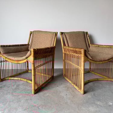 1970’s Italian Vintage Boho Chic Organic Bamboo and Rattan Lounge Chairs – A Pair 