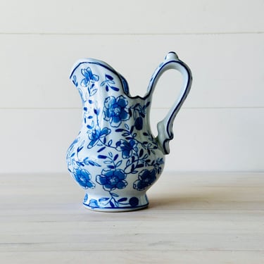 Vintage Andrea by Sadek Small 6 Inch Blue and White Porcelain Pitcher 