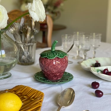 vintage French majolica strawberry confiture pot and antique French silver spoon